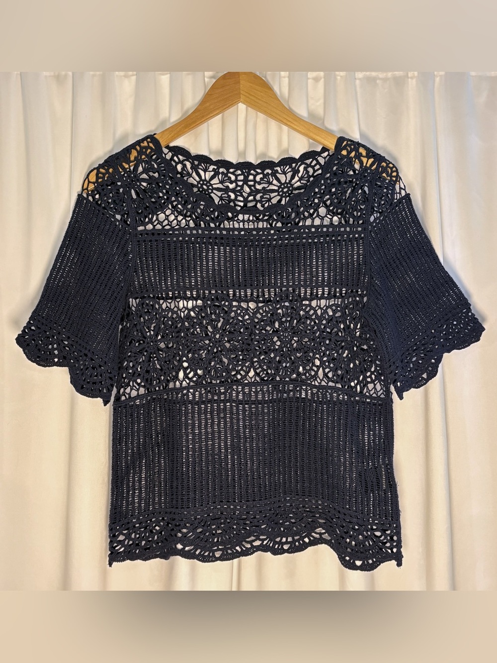 Anthropologie James Coviello Janice Crochet Lace Top Navy Blue Small S - Picture 5 of 9